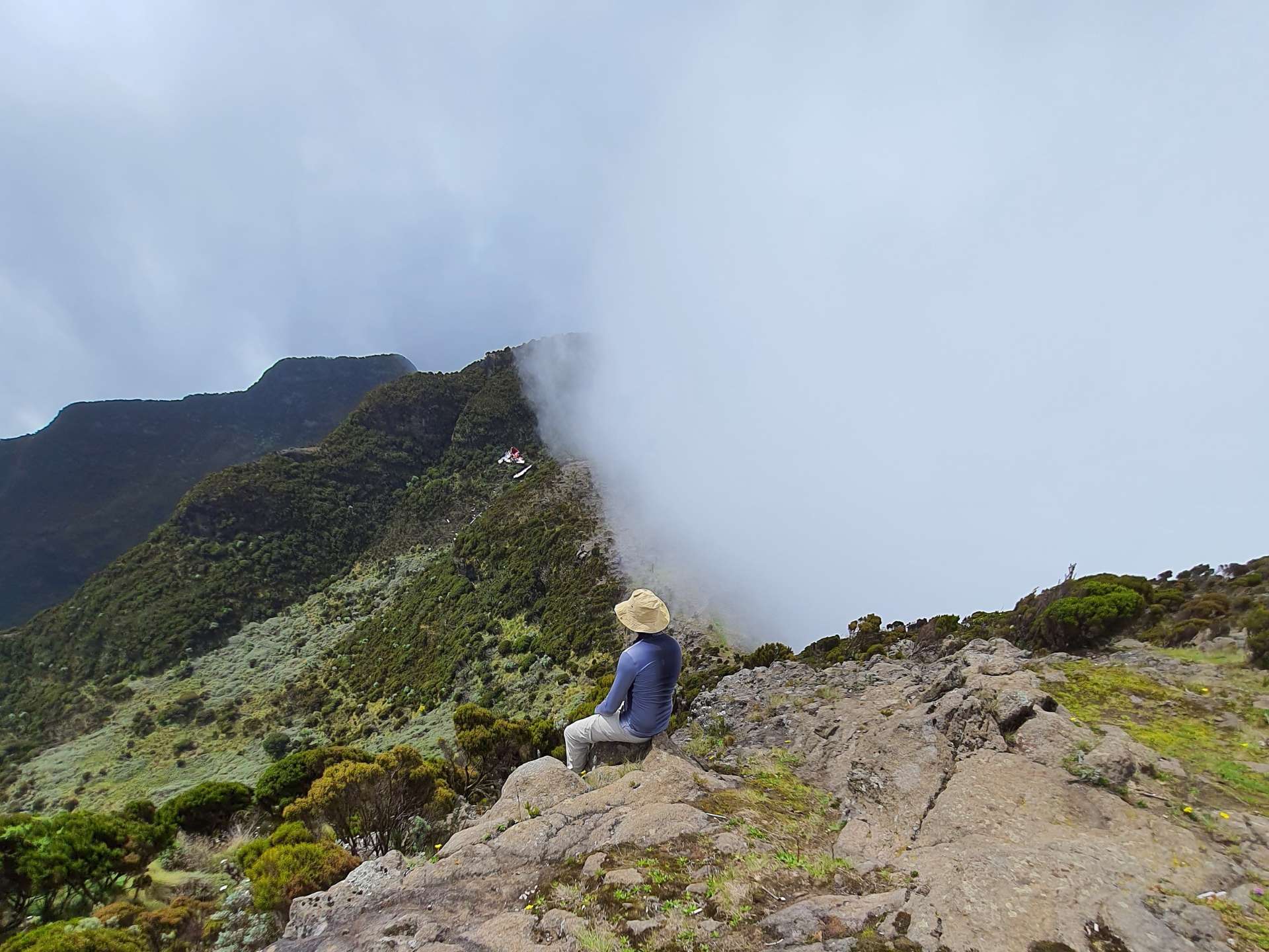 a guy sitting at elephant hill head summit. the real summit is above the plane crush. hike orgnaized by hikers arena